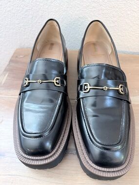 Sam Edelman Loraine Lug Sole Loafers Black Leather Gold Bit Size 10.5M EU 40.5